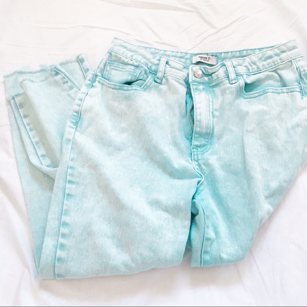 cyan acid wash cropped jeans